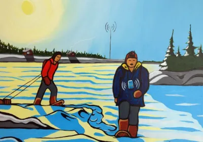 Image by artist Jesse Fiddler published on the cover of "Stories from the First Mile: Digital Technologies in Remote and Rural Indigenous Communities", under Creative Commons license. image linking to Community Networks and Local Access Monthly Newsletter - Number 5